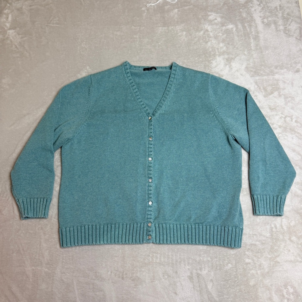 Lands End Cardigan Sweater Womens 2X Teal Blue Cotton Knit V-Neck Classic Preppy